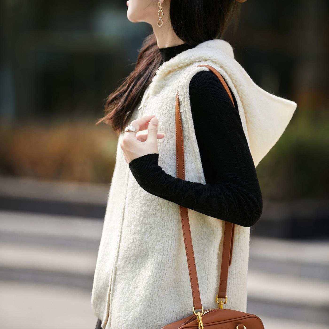 ROUMIKL纯颗粒绒拉炼连帽马甲开衫女外套无袖毛衣2025秋冬新宽松