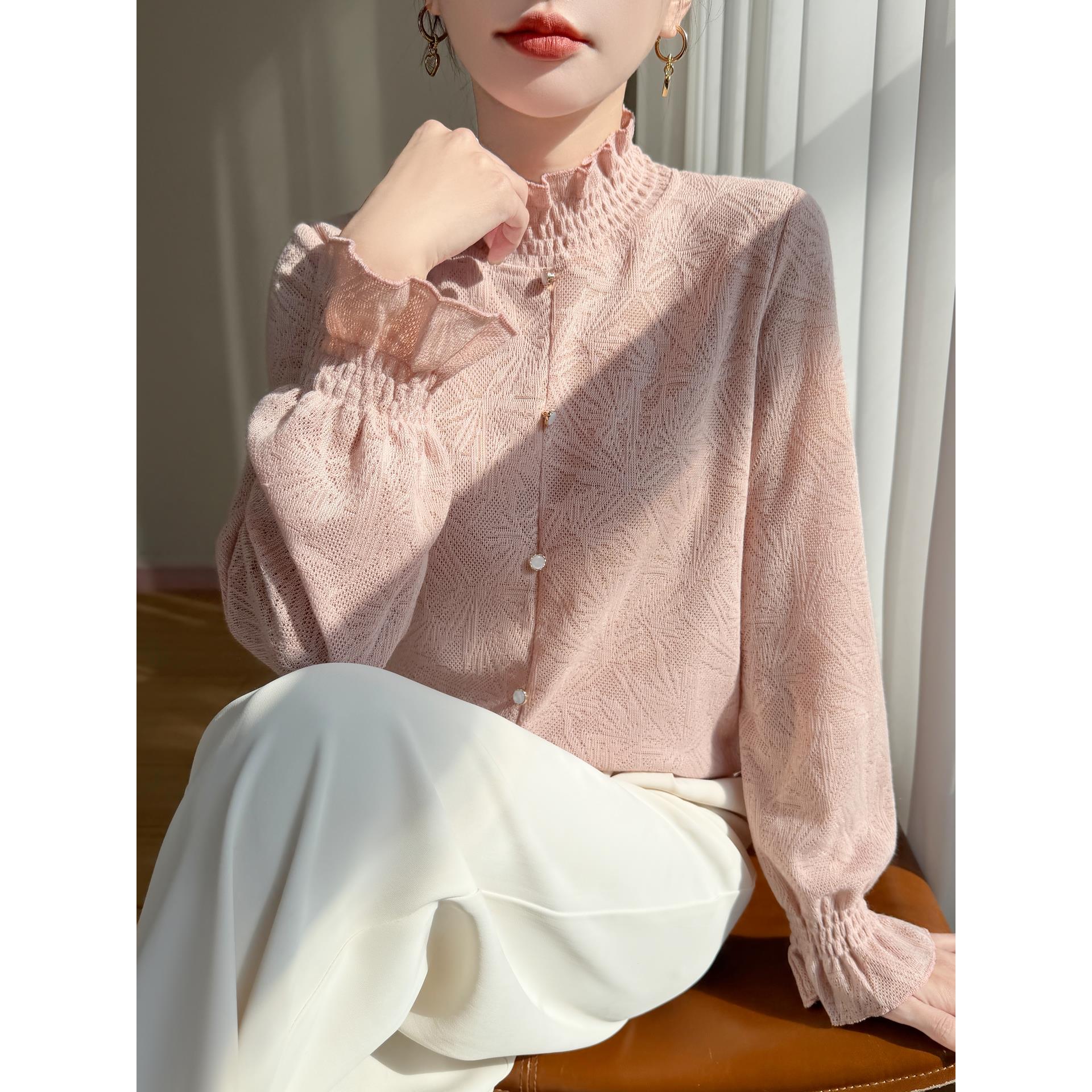 ROUMIKL法式温柔风木耳领提花针织衫女2025新款甜美内搭长袖打底