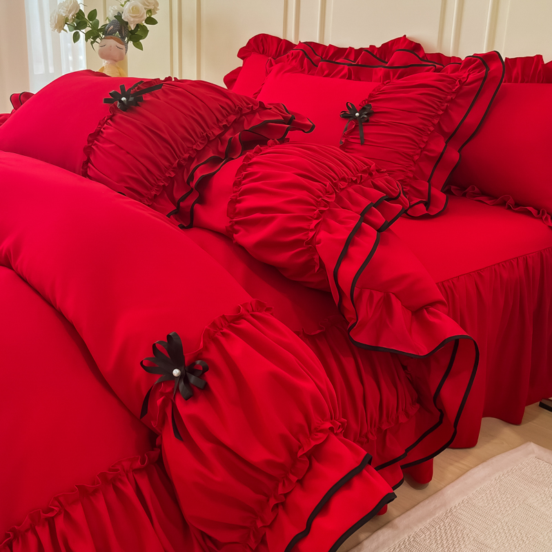 【婚庆提前购】ins公主风泡泡纱花边四件套仙女喜庆红色被套床单4