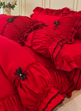 【婚庆提前购】ins公主风泡泡纱花边四件套仙女喜庆红色被套床单4