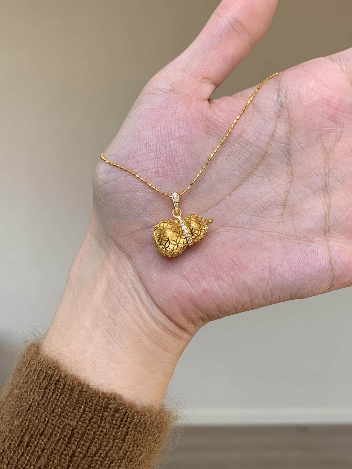 925银镀18K金拉丝葫芦项链女新中式古法镀金镂空吊坠高级感国潮