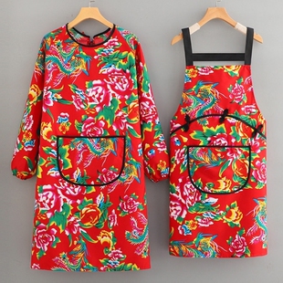 棉布大花围裙袖套帽子套装女新款厨房家用东北特色餐饮专用工作服