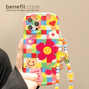 benefit彩色格子花朵樱桃适用iphone15promax苹果13手机壳14promax新款 12套11手链xsmax透明xr硅胶8plus防摔7