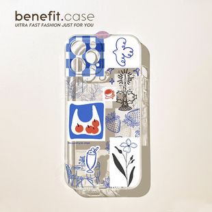 benefit韩风小众艺术涂鸦17适用于iphone16promax苹果15PRO手机壳13新款 14套12创意11透明xsmax硅胶xr防摔8p