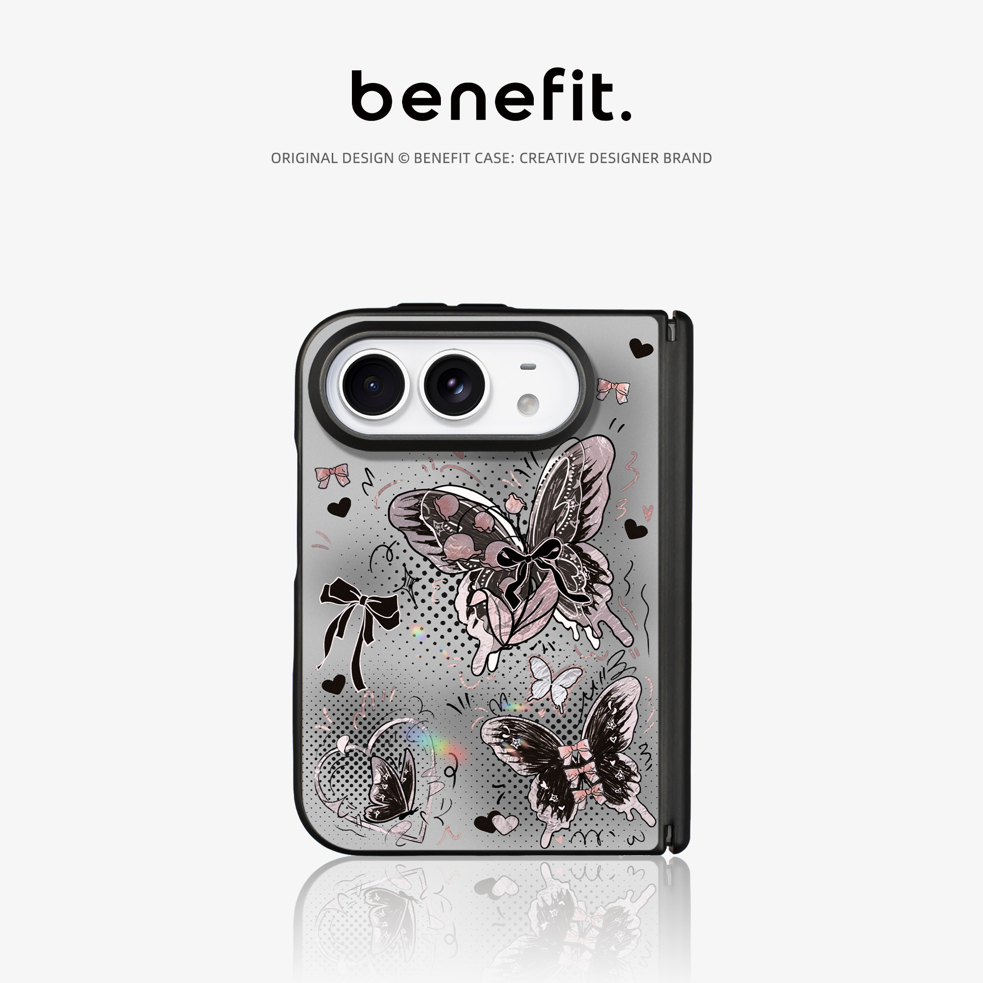 benefit黑色蝴蝶结子适用于iPhoneDuo手机壳磁吸冰川纹新款DUO苹果折叠屏中轴保护外壳磁吸充电防摔高级