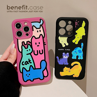 benefit搞怪撞色涂鸦猫咪17适用于iphone16promax苹果15PRO手机壳13新款 14套12创意11全包xsmax硅胶xr防摔8p