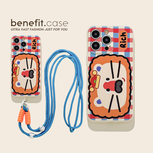 benefit格纹可爱狮子带挂绳适用于iphone16promax苹果15PRO手机壳13新款 14套12创意11全包xsmax硅胶xr防摔8p7