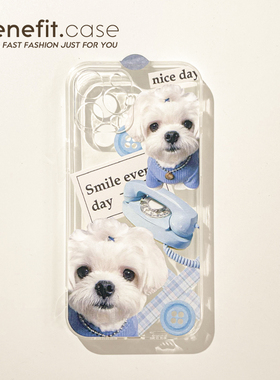 Benefit日韩可爱狗狗蓝色系17pro16适用15苹果13手机壳iphone14promax新款12保护套11萌宠xsmax透明xr硅胶8p