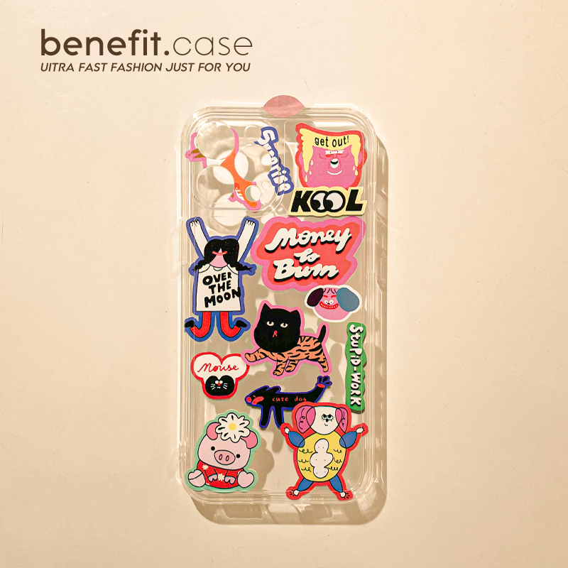 Benefit卡通创意动物贴纸16适用15苹果13promax手机壳iphone12硅胶软14promax软壳11女xsmax个性xr搞怪8p人物