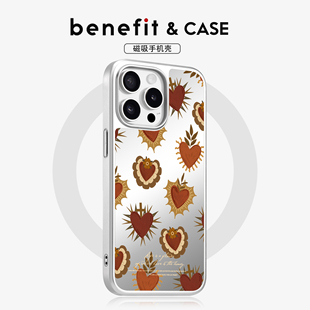 benefit文艺复古红色爱心17适用于iphone16promax苹果15PRO镜面磁吸手机壳13新款 14小米15PRO防摔三星S25