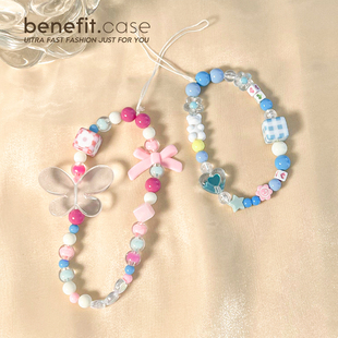 benefit甜美创意手机壳挂件链条吊坠韩ins风仙女风水晶风少女心蝴蝶结粉色手链防摔手腕带适用所有手机型号