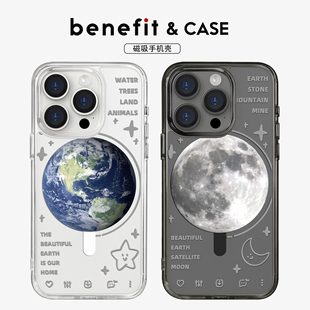 benefit创意字母设计月亮地球17适用于iphone16promax苹果15PRO黑色透明磁吸手机壳13新款 14防摔保护套12情侣