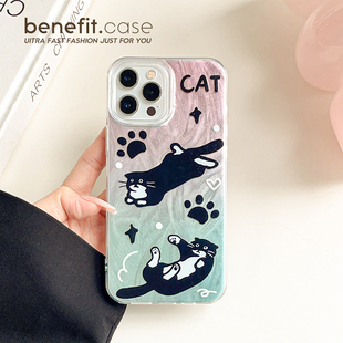 benefit趣味可爱黑猫羽纱17pro16适用于iphone15promax苹果15PRO手机壳13新款 14套12创意11硬壳xsmax硅胶xr防