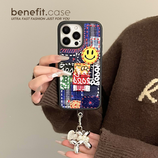 benefit蓝色牛仔布纹拼接带金属狗手链17适用于iphone16promax苹果15PRO磁吸手机壳13新款 14套12冰川纹防摔