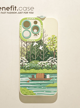 benefit绿色森林划船小猫17适用于iphone16promax苹果15PRO手机壳13新款14套12创意11全包xsmax硅胶xr防摔8p