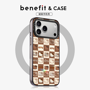 benefit复古棋盘格KT猫头像适用于iphone17promax苹果16PRO晶盾磁吸手机壳15新款 13套14冰川纹12防摔彩色边框