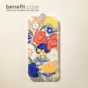 Benefit油画ins满屏红黄花朵17pro16适用15苹果13promax手机壳日韩iphone12mini软14promax硅胶xs简约xr新8p