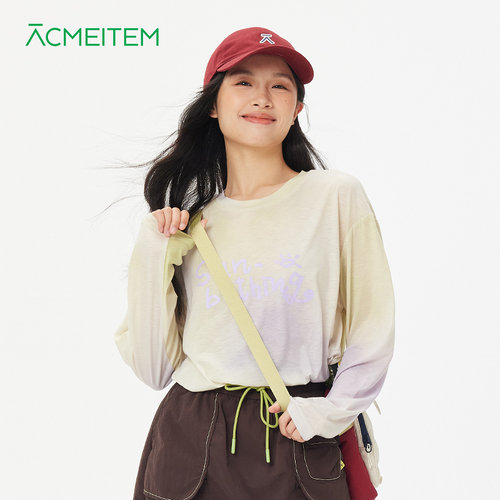 ACMEITEM爱棵米 户外运动羊毛晕染彩色长袖T恤亲肤宽松薄款上衣女