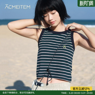 无袖 修身 上衣女士 户外女士条纹背心棉感短款 ACMEITEM爱棵米