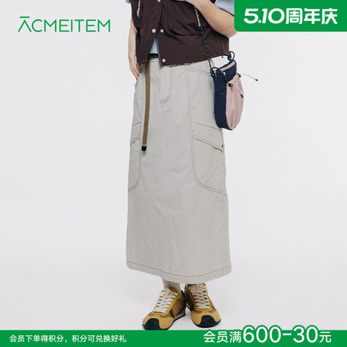 ACMEITEM爱棵米 户外女士撞色线工装长裙后开叉合体休闲半身裙子