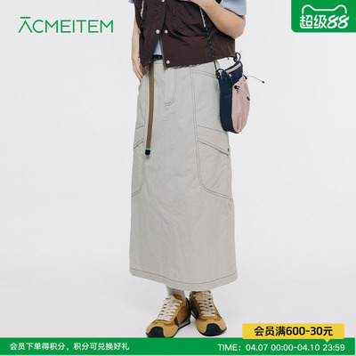 ACMEITEM爱棵米 户外女士撞色线工装长裙后开叉合体休闲半身裙子