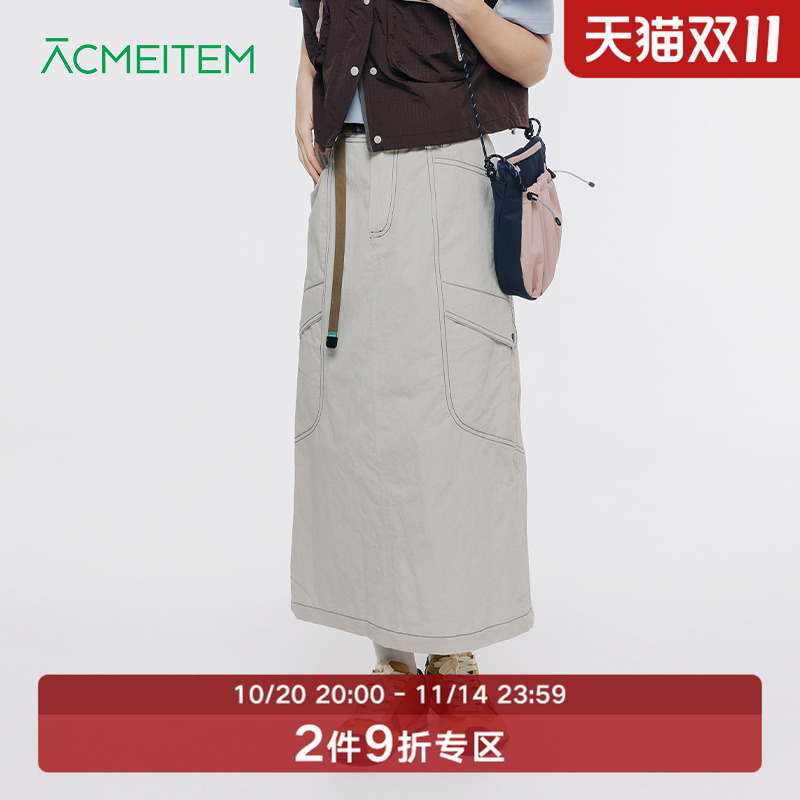 ACMEITEM爱棵米 户外女士撞色线工装长裙后开叉合体休闲半身裙子