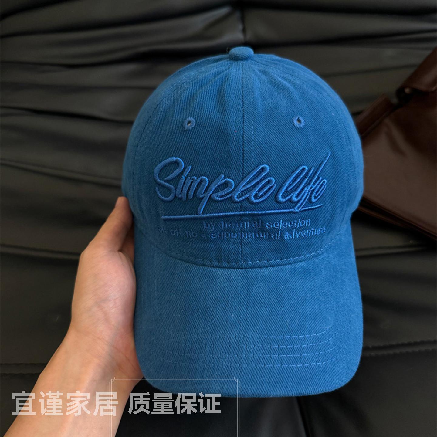 复古字母刺绣蓝色棒球帽女宽帽檐大头围帽子韩系遮阳显脸小鸭舌帽