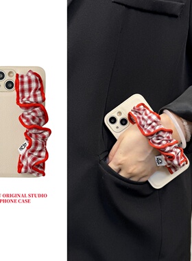 恬妤 港风红色格子手腕带适用于华为Mate70手机壳p80复古小众pura70pro+皮质m40手提p50pro保护套p70ultra女