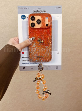 恬妤 新年渐变橙色闪粉立体小马适用于iphone17promax手机壳苹果16复古15pro喜庆17马到成功14pro链条12马年