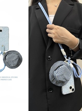 恬妤 清新蓝色波点蝴蝶结耳机包适用于iphone15promax手机壳14pro斜挎13苹果13por背带15唯美12p手绳14pormax