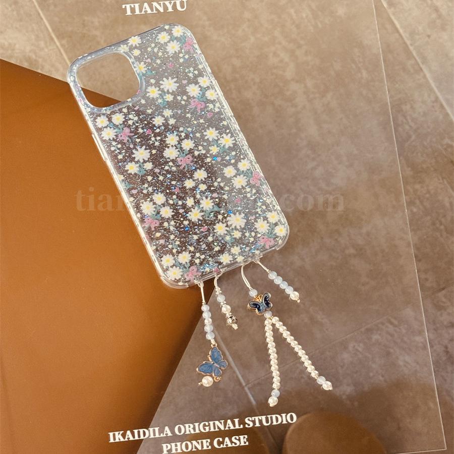 恬妤 春天唯美闪粉邹菊花束适用于iphone16pro手机壳苹果15promax蝴蝶流苏挂坠13新款16小众14pro清新女款15