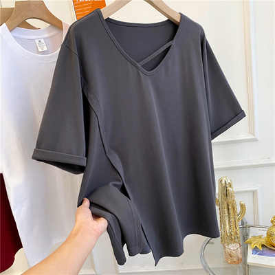 特大码300斤下摆开叉别致短袖T恤