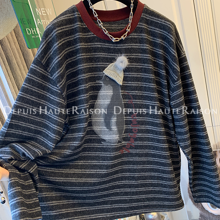 胖MM大码企鹅条纹撞色磨毛T恤