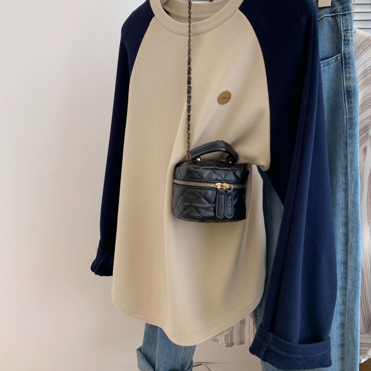 胖MM大码撞色磨毛插肩长袖T恤