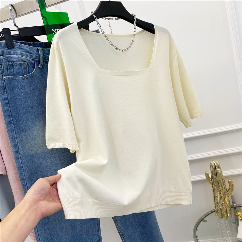 特大码300斤简约方领短袖针织衫