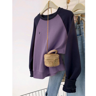 特大码 上衣240 300斤小众设计撞色拼接圆领套头卫衣女胖MM宽松大版