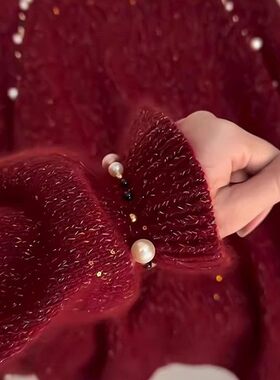 胖妹妹大码200斤红色重工钉珠套头毛衣女装高级感穿搭上衣针织衫