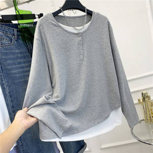 胖mm遮肚显瘦内搭打底衫 t恤早秋季 上衣 300斤假两件正肩长袖 特大码