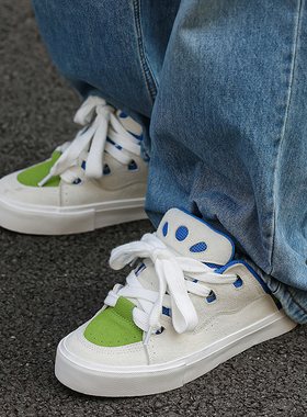 顽石WANS面包鞋白蓝绿撞色拼接复古春秋BAKE男女国潮低帮滑板鞋