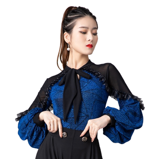 拉丁舞上衣女新款摩登舞交际舞华尔兹国标舞绑带灯笼长袖连体衣