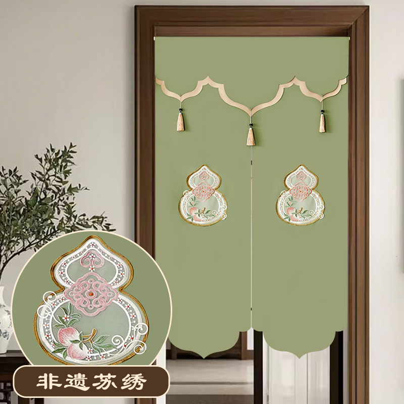 中式福禄门帘隔断帘家用遮挡帘布艺卧室卫生间半帘免打孔刺绣挂帘