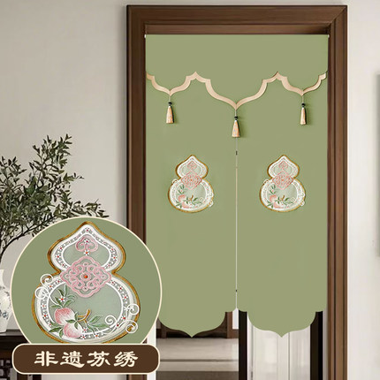 中式福禄门帘隔断帘家用遮挡帘布艺卧室卫生间半帘免打孔刺绣挂帘