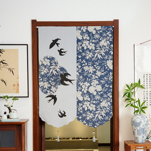 新中式门帘布帘家用卧室隔断帘子高级感对开式半帘免打孔厕所挂帘