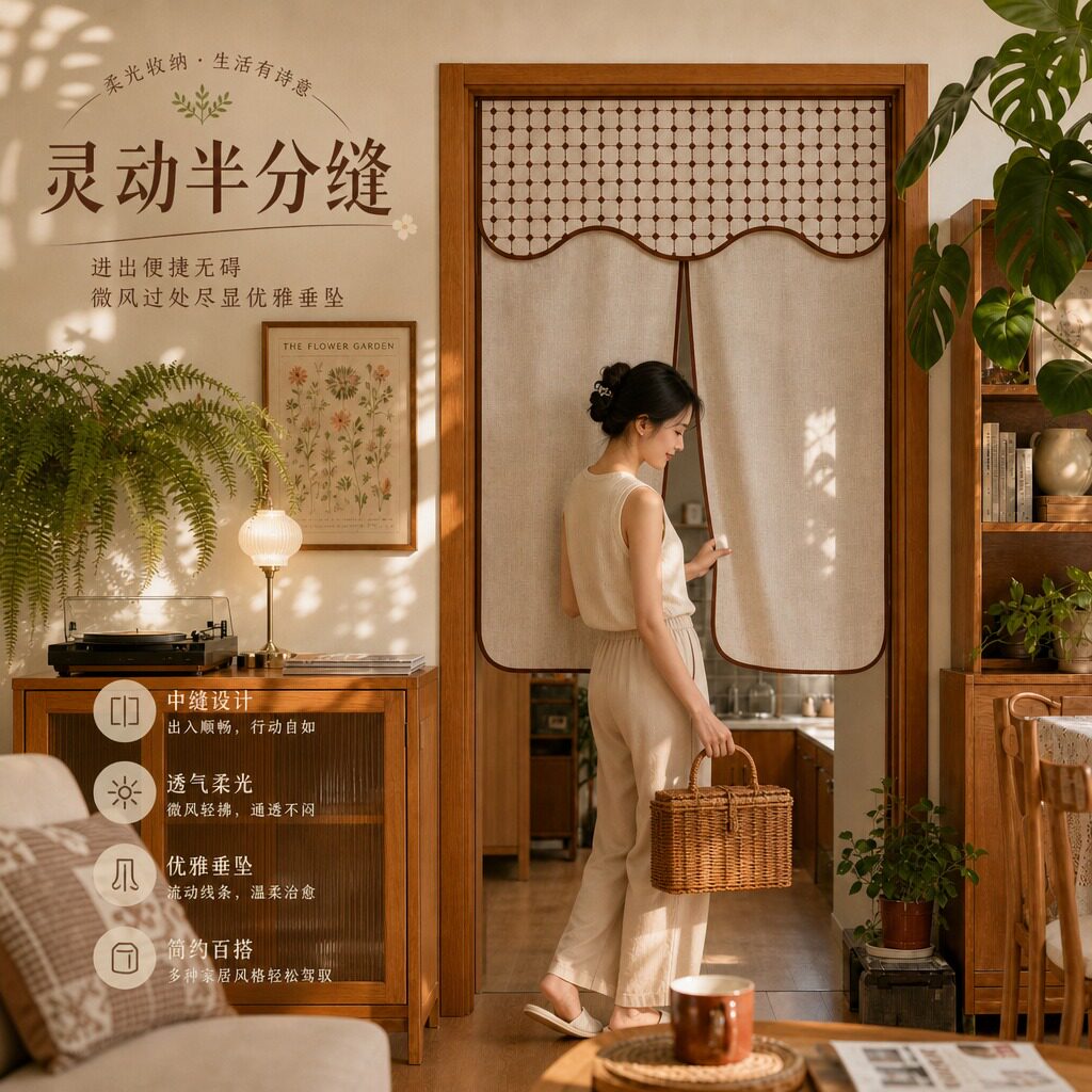 侘寂风免打孔复古半帘门帘隔断图片