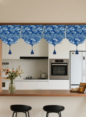 新中式蓝色三角旗帘入户门帘高级感窗户短帘装饰隔断半帘厨房挂帘