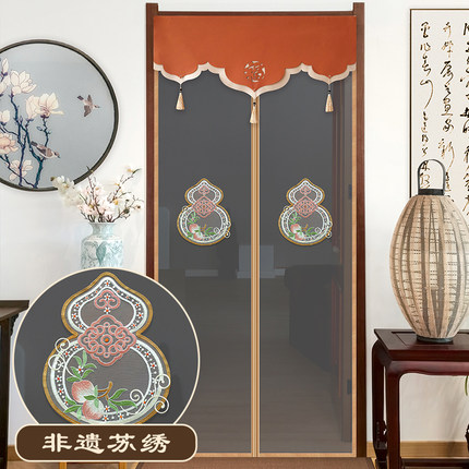 新中式刺绣防蚊门帘夏季新款家用磁吸免打孔魔术贴自吸防虫纱门帘