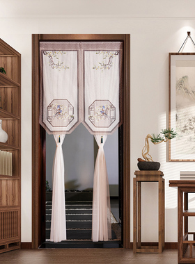 门帘新中式印花四季通用房间隔断遮挡帘家用免打孔布艺半帘隐私帘