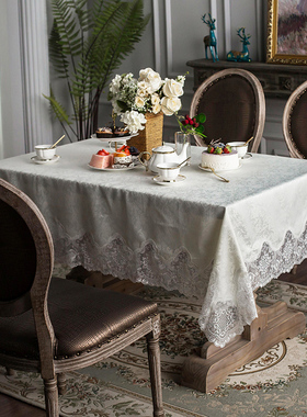 韩式蕾丝提花桌布白色餐桌布长方形家用台布茶几盖巾日式简约轻奢