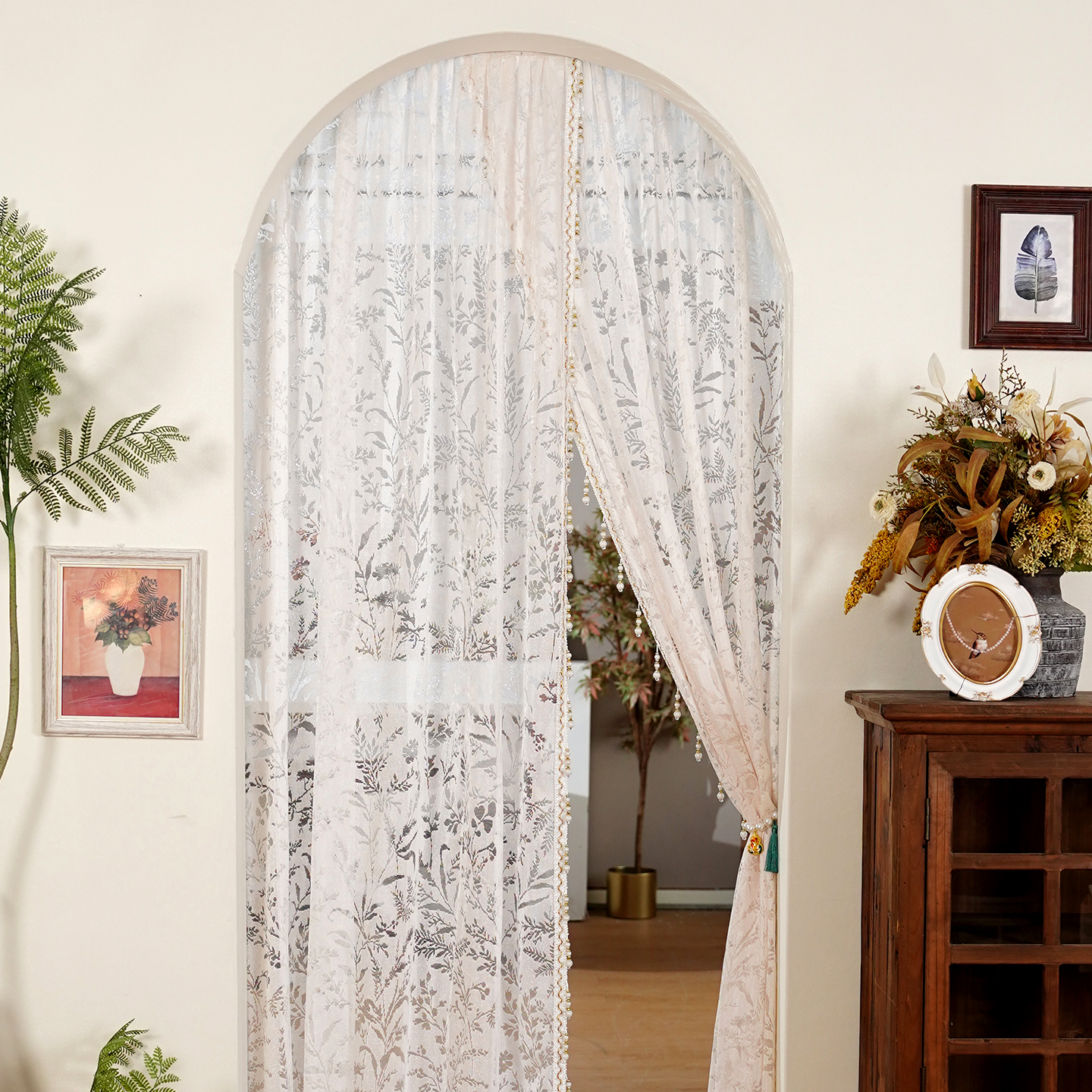 法式唯美珍珠拱形门帘免打孔隔断