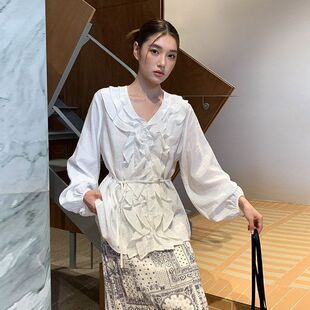 荷叶边527女装 长袖 韩版 春季 V衬衣 十三行领MOXI84新款